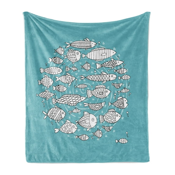 Animal Soft Flannel Fleece Throw Blanket, Baby Fish Community Swimming in the Ocean Kids Nursery Playroom Cartoon, Cozy Plush for Indoor and Outdoor Use, 60" x 80", Pale Blue and White, by Ambesonne