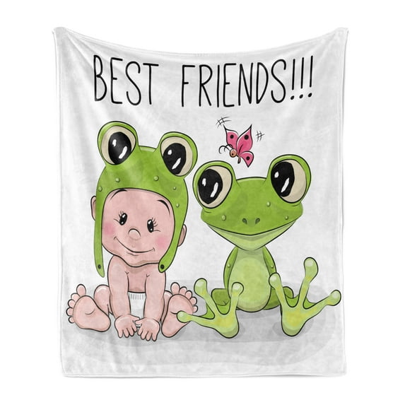 Animal Soft Flannel Fleece Throw Blanket, Baby in Froggy Hat and Frog Best Friends Love Theme Graphic, Cozy Plush for Indoor and Outdoor Use, 70" x 90", Cream White Green, by Ambesonne