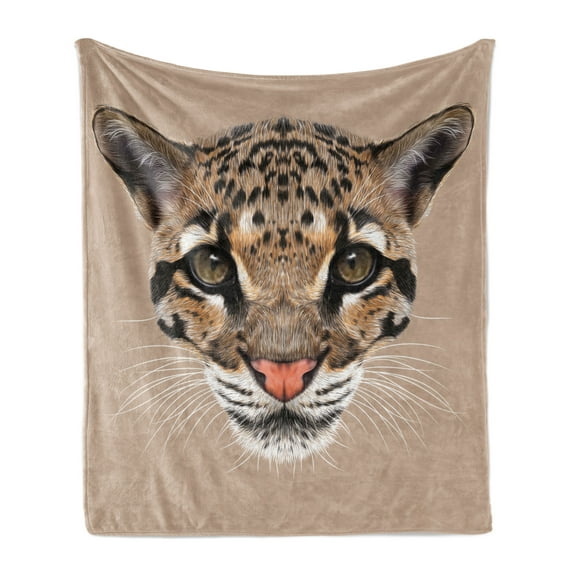 Animal Soft Flannel Fleece Throw Blanket, Baby Leopard Portrait Wildlife Tropical Feline Illustration, Cozy Plush for Indoor and Outdoor Use, 50" x 70", Umber Cocoa Brown, by Ambesonne