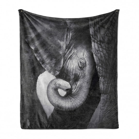 Animal Soft Flannel Fleece Throw Blanket, Baby Seeking Comfort Against Mother Monochrome Art Portrait, Cozy Plush for Indoor and Outdoor Use, 70" x 90", Charcoal Grey Pale Grey, by Ambesonne