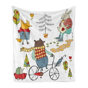 Animal Soft Flannel Fleece Throw Blanket, Bear on Bicycle Fox in Raincoat and Bunny with a Teapot Urban Forest Characters, Cozy Plush for Indoor and Outdoor Use, 50" x 70", Multicolor, by Ambesonne