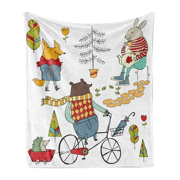 Animal Soft Flannel Fleece Throw Blanket, Bear on Bicycle Fox in Raincoat and Bunny with a Teapot Urban Forest Characters, Cozy Plush for Indoor and Outdoor Use, 70" x 90", Multicolor, by Ambesonne