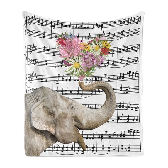 Animal Soft Flannel Fleece Throw Blanket, Big Animal with Floral Heart Trunk on Musical Noted Background Graphic, Cozy Plush for Indoor and Outdoor Use, 60" x 80", Multicolor, by Ambesonne