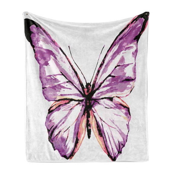 Animal Soft Flannel Fleece Throw Blanket, Butterfly Design in Watercolors Wings Moth Vintage Illustration, Cozy Plush for Indoor and Outdoor Use, 50" x 70", Violet Salmon Black, by Ambesonne