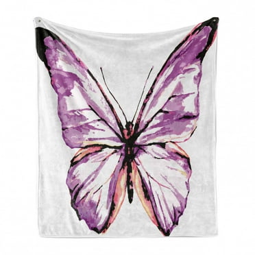 Animal Soft Flannel Fleece Throw Blanket, Butterfly Design in Watercolors Wings Moth Vintage Illustration, Cozy Plush for Indoor and Outdoor Use, 70" x 90", Violet Salmon Black, by Ambesonne