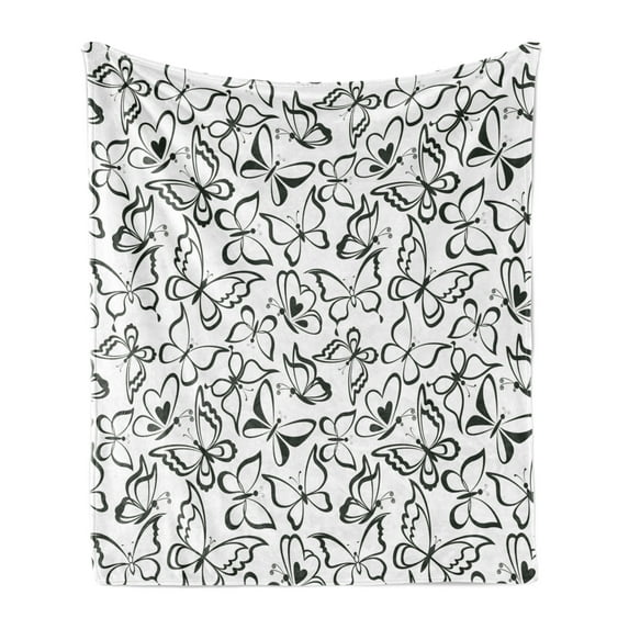 Animal Soft Flannel Fleece Throw Blanket, Butterfly Pattern Freedom Sign Feminine Illustration, Cozy Plush for Indoor and Outdoor Use, 50" x 60", White and Black, by Ambesonne
