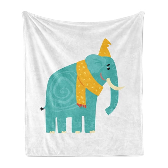 Animal Soft Flannel Fleece Throw Blanket, Cartoon Big Animal with Hat and Scarf Print, Cozy Plush for Indoor and Outdoor Use, 70" x 90", Seafoam Orange, by Ambesonne