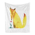 thumbnail image 1 of Animal Soft Flannel Fleece Throw Blanket, Cartoon Little Fox Sniffing a Flower on Plain Background, Cozy Plush for Indoor and Outdoor Use, 60" x 80", Pastel Yellow Dark Pink, by Ambesonne, 1 of 5