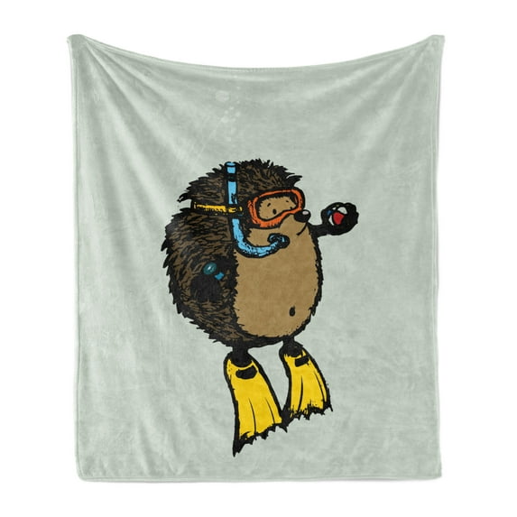 Animal Soft Flannel Fleece Throw Blanket, Cartoon Scuba Diver Hedgehog Illustration Funny Sea Life Themed, Cozy Plush for Indoor and Outdoor Use, 50" x 60", Baby Blue Yellow, by Ambesonne