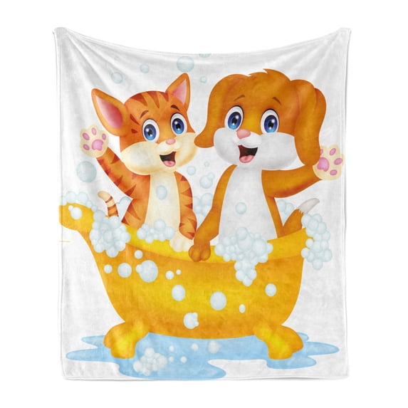 Animal Soft Flannel Fleece Throw Blanket, Cartoon Style Cat and Dog in Bathtub Together with Bubbles Water Splash, Cozy Plush for Indoor and Outdoor Use, 50" x 70", Yellow Brown Blue, by Ambesonne