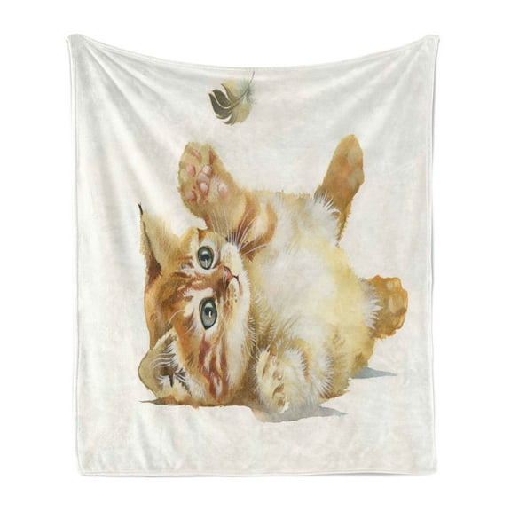 Animal Soft Flannel Fleece Throw Blanket, Cat Playing with Feather in Watercolors Hand Drawn Illustration Art, Cozy Plush for Indoor and Outdoor Use, 50" x 70", Apricot Cream White, by Ambesonne