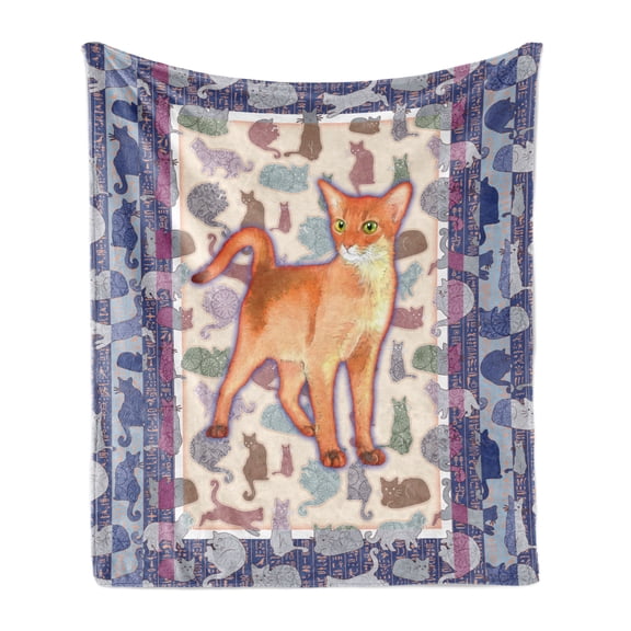 Animal Soft Flannel Fleece Throw Blanket, Cats Themed Framework Details Floral Ornaments and Tribal Stripes Pattern, Cozy Plush for Indoor and Outdoor Use, 70" x 90", Multicolor, by Ambesonne
