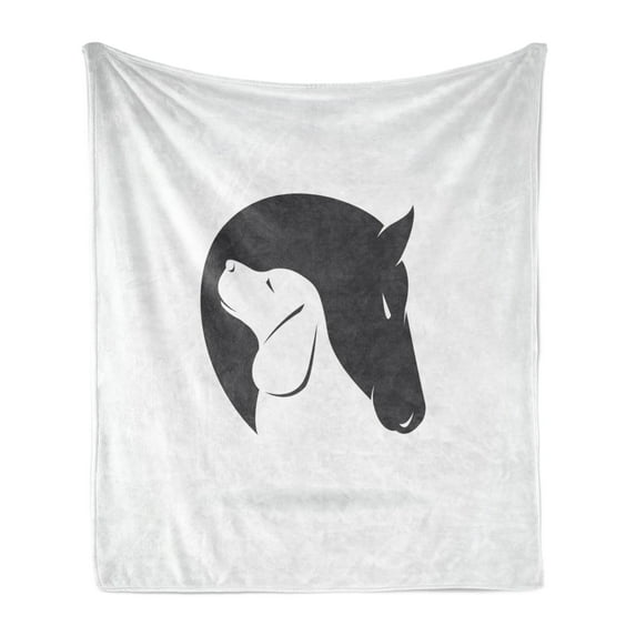 Animal Soft Flannel Fleece Throw Blanket, Contemporary Image of a Dog and Horse Hugging Loyal Friend Heads Print, Cozy Plush for Indoor and Outdoor Use, 50" x 70", Black White, by Ambesonne
