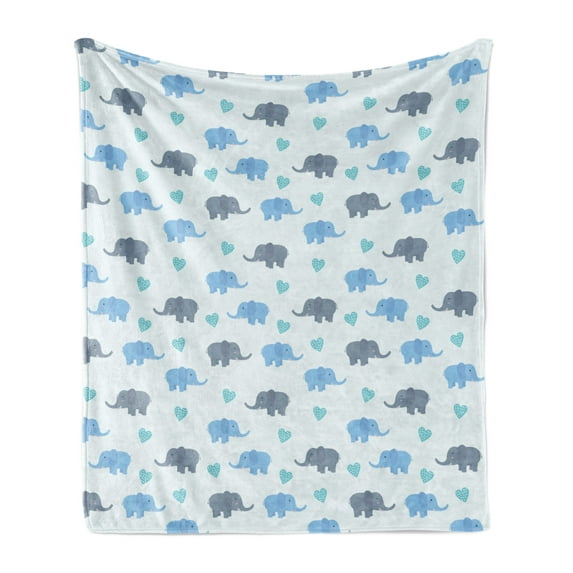 Animal Soft Flannel Fleece Throw Blanket, Continued Illustration of Large Animals Print with Dotted Heart Shapes, Cozy Plush for Indoor and Outdoor Use, 50" x 60", Blue and Blue Grey, by Ambesonne