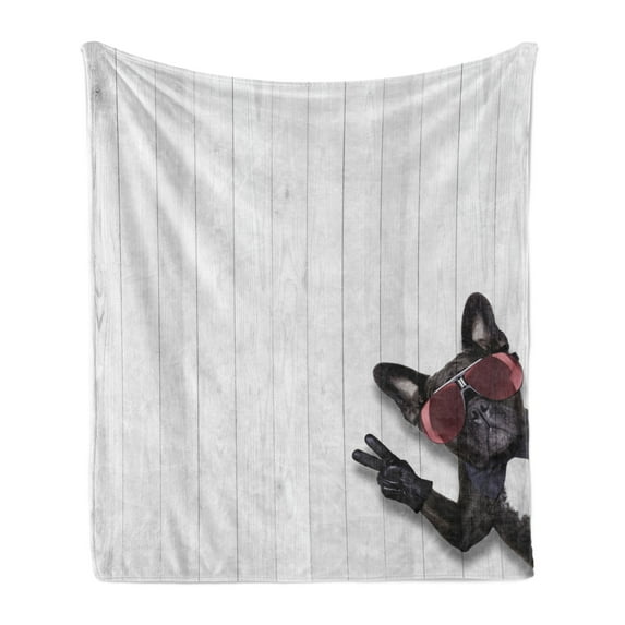 Animal Soft Flannel Fleece Throw Blanket, Cool Husky Dog with Sunglasses Making Peace Sign with Its Paws Artwork Print, Cozy Plush for Indoor and Outdoor Use, 60" x 80", Pale Grey Black, by Ambesonne