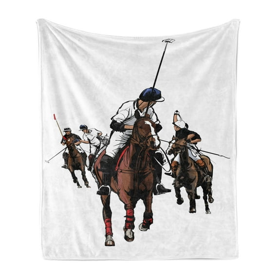 Animal Soft Flannel Fleece Throw Blanket, Digitally Generated Polo Sport Players on Redbrown Colored Horses Print, Cozy Plush for Indoor and Outdoor Use, 70" x 90", White and Multicolor, by Ambesonne