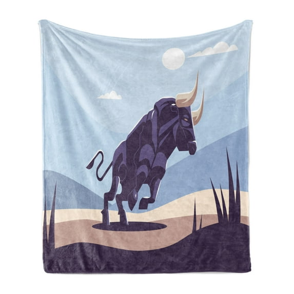 Animal Soft Flannel Fleece Throw Blanket, Doodle Illustration of Strong Bull in Wild Nature, Cozy Plush for Indoor and Outdoor Use, 70" x 90", Quartz Pale Blue, by Ambesonne