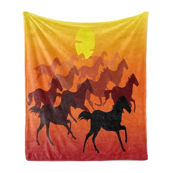 Animal Soft Flannel Fleece Throw Blanket, Dramatic View of Many Horse Running and Sunset Tangerine Colors Graphic, Cozy Plush for Indoor and Outdoor Use, 50" x 60", Marigold and Maroon, by Ambesonne