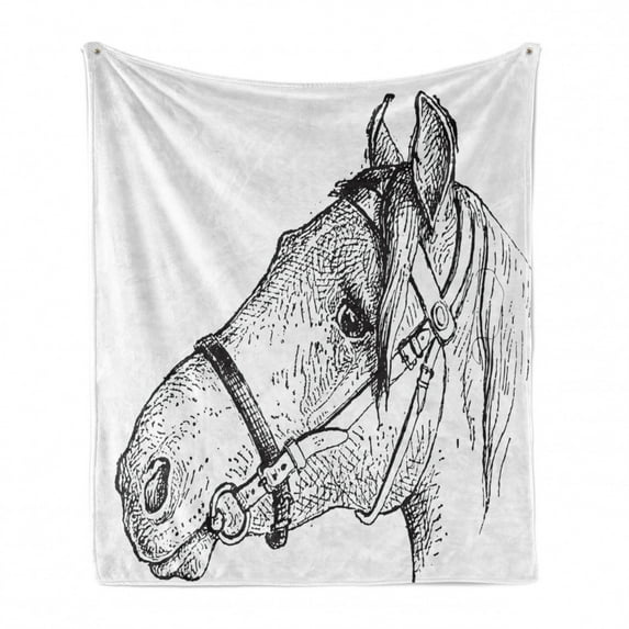 Animal Soft Flannel Fleece Throw Blanket, Engraved Inspired Artwork of a Horse Head on a Plain Background, Cozy Plush for Indoor and Outdoor Use, 70" x 90", Charcoal Grey and White, by Ambesonne