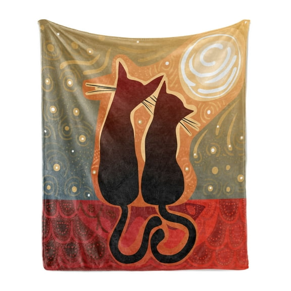 Animal Soft Flannel Fleece Throw Blanket, Female and Male Cats in Love Watching Moon Luna on Starry Sky Print, Cozy Plush for Indoor and Outdoor Use, 50" x 60", Sage Green Orange, by Ambesonne