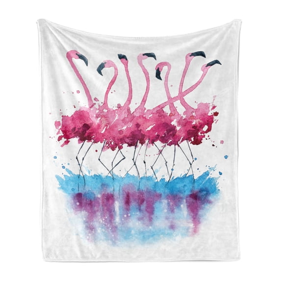 Animal Soft Flannel Fleece Throw Blanket, Flamingos Love Birds Feather Romance Brushstroke Splash Watercolor Effect, Cozy Plush for Indoor and Outdoor Use, 70" x 90", Pink Blue Purple, by Ambesonne
