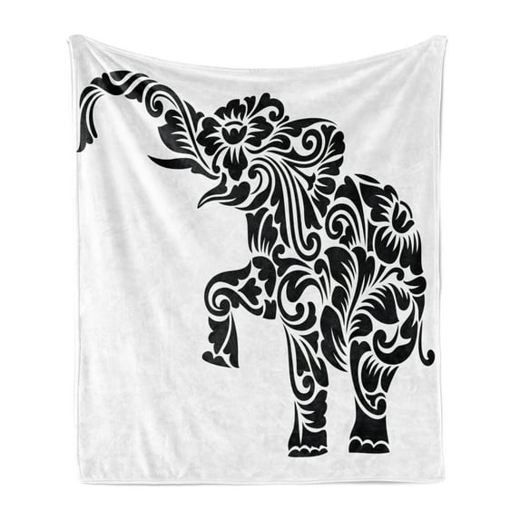 Animal Soft Flannel Fleece Throw Blanket, Floral Ornamental Animal Mammal Tattoo Art, Cozy Plush for Indoor and Outdoor Use, 50" x 60", Black and White, by Ambesonne