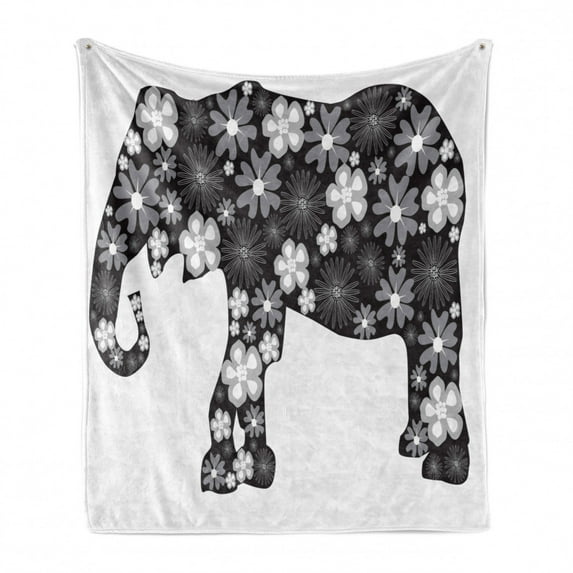 Animal Soft Flannel Fleece Throw Blanket, Floral Pattern with Flower Petals on the Body Tropical Boho Style Zoo Image, Cozy Plush for Indoor and Outdoor Use, 50" x 70", Grey White, by Ambesonne