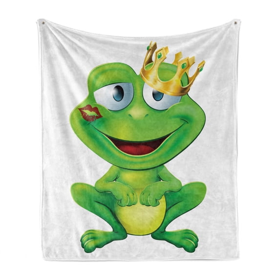 Animal Soft Flannel Fleece Throw Blanket, Frog Prince Cartoon Character with Golden Yellow Crown Lipstick Mark on Lips Love, Cozy Plush for Indoor and Outdoor Use, 70" x 90", Multicolor, by Ambesonne