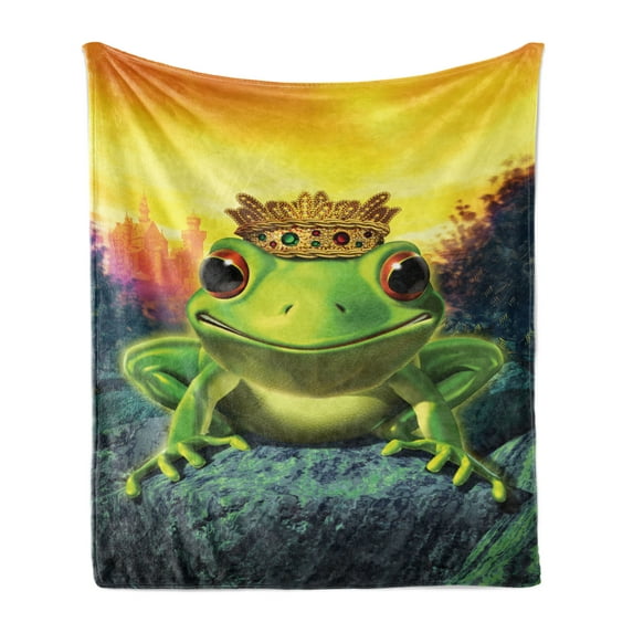 Animal Soft Flannel Fleece Throw Blanket, Frog Prince with Golden Yellow Crown on Rocks Fairytale Soul Mates Illustration, Cozy Plush for Indoor and Outdoor Use, 50" x 70", Green Yellow, by Ambesonne