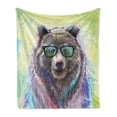 thumbnail image 1 of Animal Soft Flannel Fleece Throw Blanket, Funny Cool Low Wild Hipster Bear Spectacles Colorful Portrait Themed Print, Cozy Plush for Indoor and Outdoor Use, 50" x 70", Lime Green Purple, by Ambesonne, 1 of 5