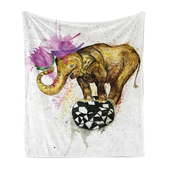 Animal Soft Flannel Fleece Throw Blanket, Giant Design on Minimalist Ball with Watercolor Flowers on Head Art Print, Cozy Plush for Indoor and Outdoor Use, 60" x 80", Multicolor, by Ambesonne