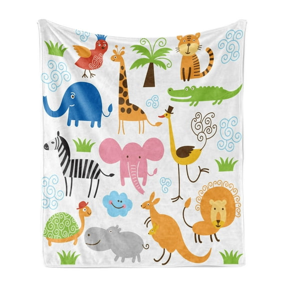 Animal Soft Flannel Fleece Throw Blanket, Giraffe Zebra Turtle Kids Nursery Baby Themed Cartoon Comic Print, Cozy Plush for Indoor and Outdoor Use, 50" x 60", Multicolor, by Ambesonne