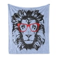 thumbnail image 1 of Animal Soft Flannel Fleece Throw Blanket, Grunge Lion Portrait with Hipster Glasses Nerd Humor Comic King Illustration, Cozy Plush for Indoor and Outdoor Use, 50" x 70", Blue Black Red, by Ambesonne, 1 of 5