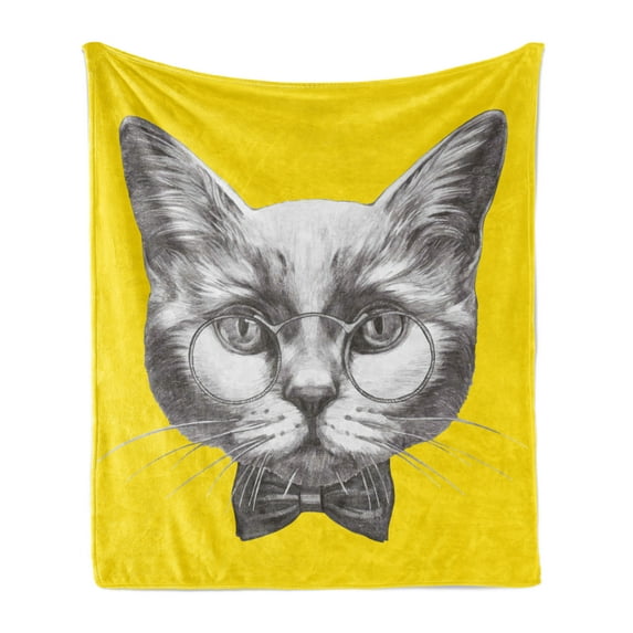 Animal Soft Flannel Fleece Throw Blanket, Hand Drawn Portrait of Cat with Glasses and Bow Tie Sketch Hipster Print, Cozy Plush for Indoor and Outdoor Use, 50" x 60", Yellow Grey White, by Ambesonne