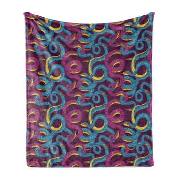 Animal Soft Flannel Fleece Throw Blanket, Hand Drawn Style Pattern with Snakes Swirled Tangled Bodies Exotic Reptiles, Cozy Plush for Indoor and Outdoor Use, 60" x 80", Plum Blue Yellow, by Ambesonne
