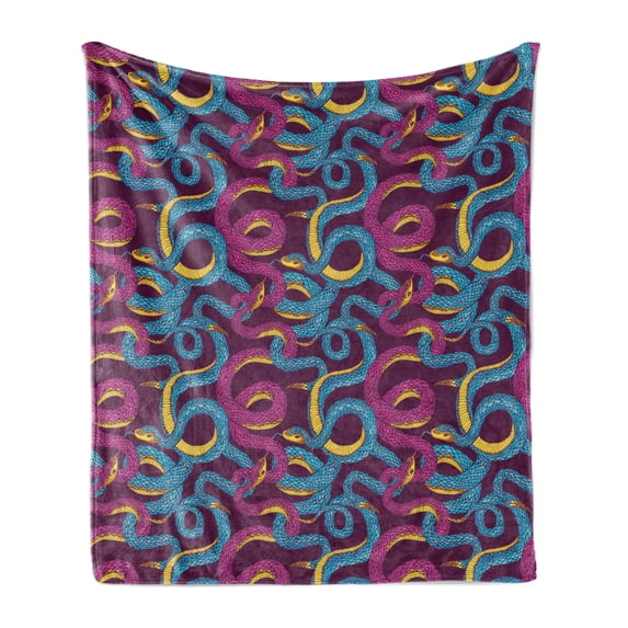 Animal Soft Flannel Fleece Throw Blanket, Hand Drawn Style Pattern with Snakes Swirled Tangled Bodies Exotic Reptiles, Cozy Plush for Indoor and Outdoor Use, 60" x 80", Plum Blue Yellow, by Ambesonne