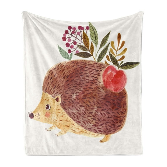 Animal Soft Flannel Fleece Throw Blanket, Hand Painted Illustration with Hedgehog with Flowers in Watercolors, Cozy Plush for Indoor and Outdoor Use, 50" x 60", Multicolor, by Ambesonne