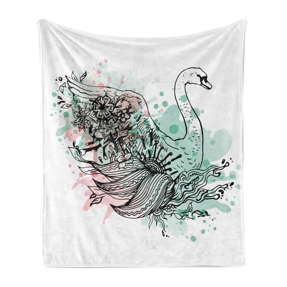 Animal Soft Flannel Fleece Throw Blanket, Hand Sketch Swan Bird Floral Details and Color Splashes Watercolors, Cozy Plush for Indoor and Outdoor Use, 70" x 90", Mint Green Pale Pink, by Ambesonne