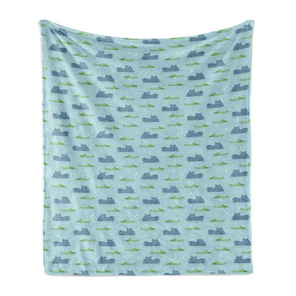 Animal Soft Flannel Fleece Throw Blanket, Hippo and Crocodile in Water Friendly Animals Cartoon, Cozy Plush for Indoor and Outdoor Use, 50" x 60", Slate Blue Pale Blue, by Ambesonne