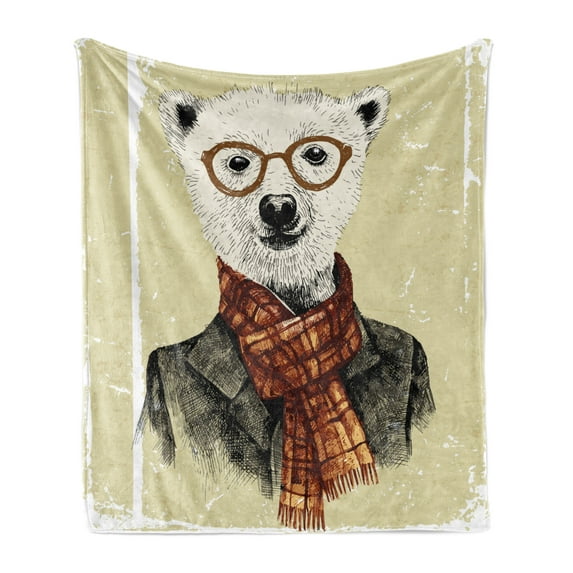 Animal Soft Flannel Fleece Throw Blanket, Hipster Bear with Glasses Scarf Jacket Wild Mammal Humorous Artwork, Cozy Plush for Indoor and Outdoor Use, 50" x 70", Cream Dark Orange Black, by Ambesonne