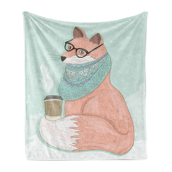 Animal Soft Flannel Fleece Throw Blanket, Hipster Fox Glasses and Scarf Drinking Coffee Hippie Illustration, Cozy Plush for Indoor and Outdoor Use, 70" x 90", Coral Mint Green, by Ambesonne