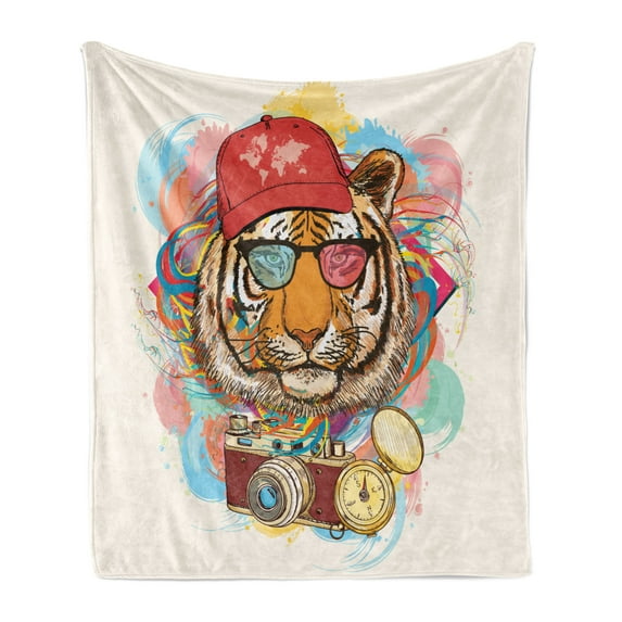 Animal Soft Flannel Fleece Throw Blanket, Hipster Rapper Tiger Sunglasses Hat and Camera Artist Hippie Comic Print, Cozy Plush for Indoor and Outdoor Use, 50" x 60", Multicolor, by Ambesonne