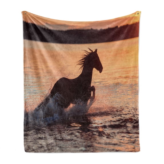 Animal Soft Flannel Fleece Throw Blanket, Horse Sea at Sunset Time Horizon Speed Exotic Nature Animal Picture Art, Cozy Plush for Indoor and Outdoor Use, 70" x 90", Salmon Dark Brown, by Ambesonne