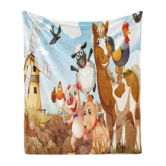 Animal Soft Flannel Fleece Throw Blanket, Illustration of Animals in a Farm Cloudy Sky and Windmill Print Art, Cozy Plush for Indoor and Outdoor Use, 50" x 60", Pale Blue and Brown, by Ambesonne