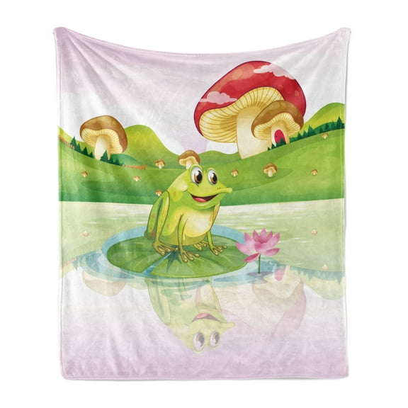 Animal Soft Flannel Fleece Throw Blanket, Illustration of Frog on Water Lily with Mushrooms on the Background Nature Lake, Cozy Plush for Indoor and Outdoor Use, 70" x 90", Multicolor, by Ambesonne