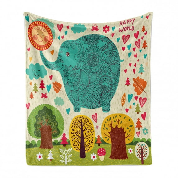 Animal Soft Flannel Fleece Throw Blanket, Illustration Animal Happy World Trees Leaves Hearts Love Children Artwork, Cozy Plush for Indoor and Outdoor Use, 50" x 60", Multicolor, by Ambesonne
