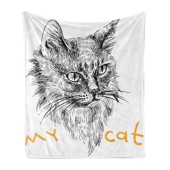 Animal Soft Flannel Fleece Throw Blanket, Ink Sketch Hand Drawn Illustration of Cat Portrait Pattern Artwork, Cozy Plush for Indoor and Outdoor Use, 50" x 70", Mustard Black and White, by Ambesonne