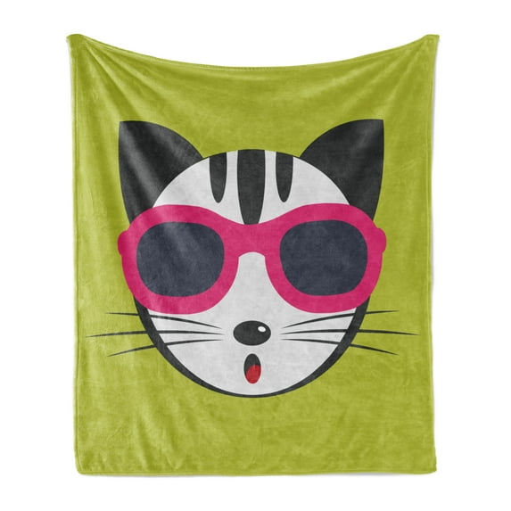 Animal Soft Flannel Fleece Throw Blanket, Kitten Wearing Pink Sun Glasses Cool Modern Hipster Cat Fashion Fun Pets Art, Cozy Plush for Indoor and Outdoor Use, 60" x 80", Multicolor, by Ambesonne