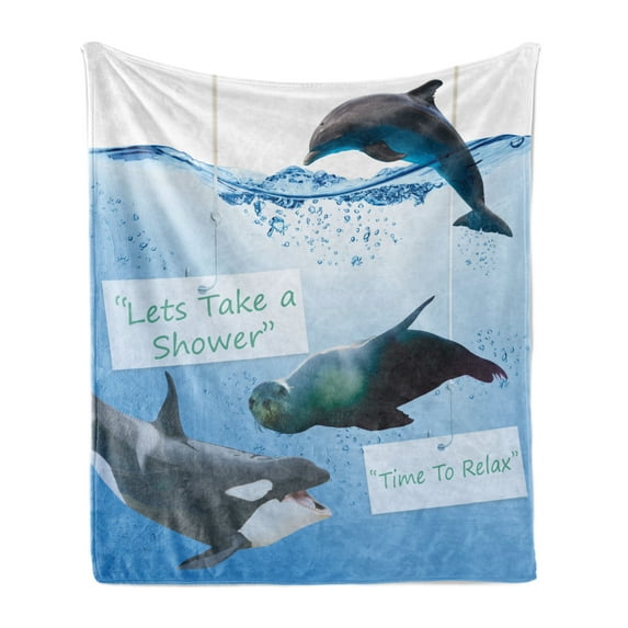 Animal Soft Flannel Fleece Throw Blanket, Lets Take a Shower and Time to Relax Texts and Whale Dolphin Seal Photo, Cozy Plush for Indoor and Outdoor Use, 70" x 90", Pale Blue Multicolor, by Ambesonne