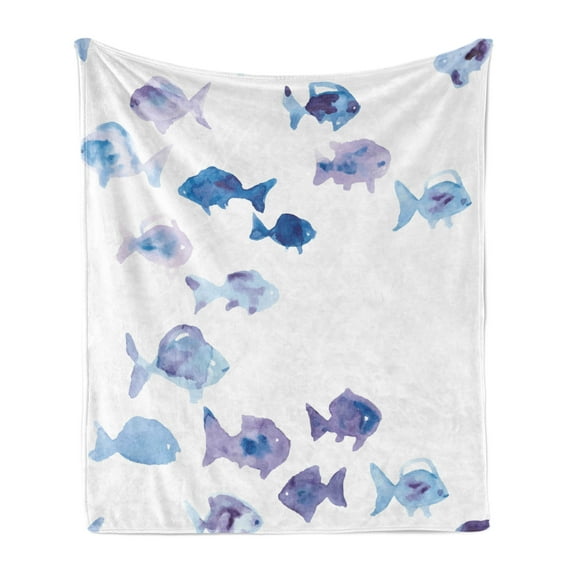 Animal Soft Flannel Fleece Throw Blanket, Little Fishes Watercolors Ocean Underwater Life Marine Theme Artwork, Cozy Plush for Indoor and Outdoor Use, 60" x 80", Baby Blue Blue Mauve, by Ambesonne